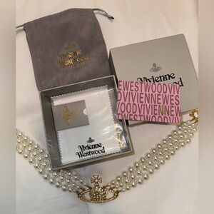 gold and pearl vivienne westwood choker necklace. auth